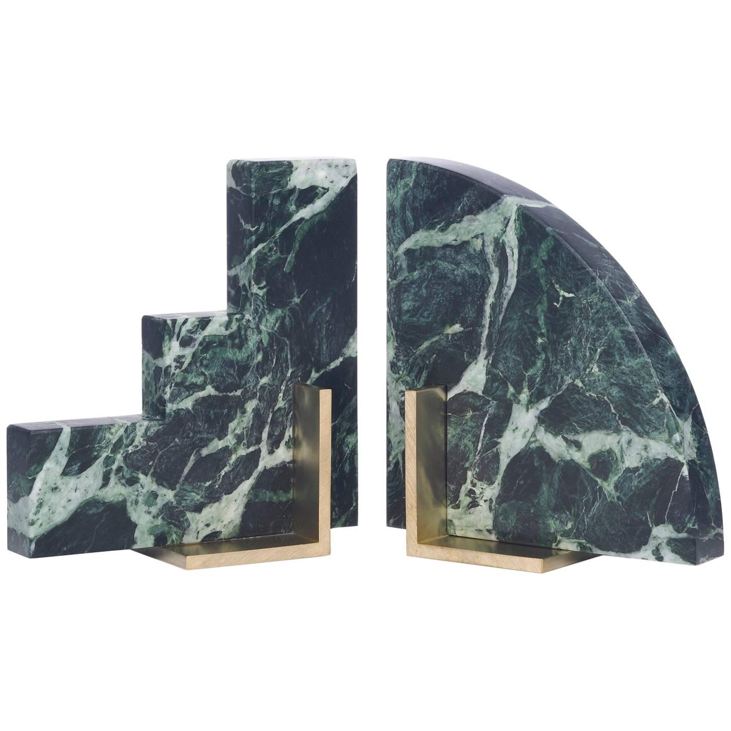 Odd Couple Bookends in Green Marble and Brass For Sale