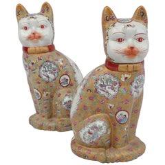 Pair of Canton Style Porcelain "Cats" Sculptures, circa 1980
