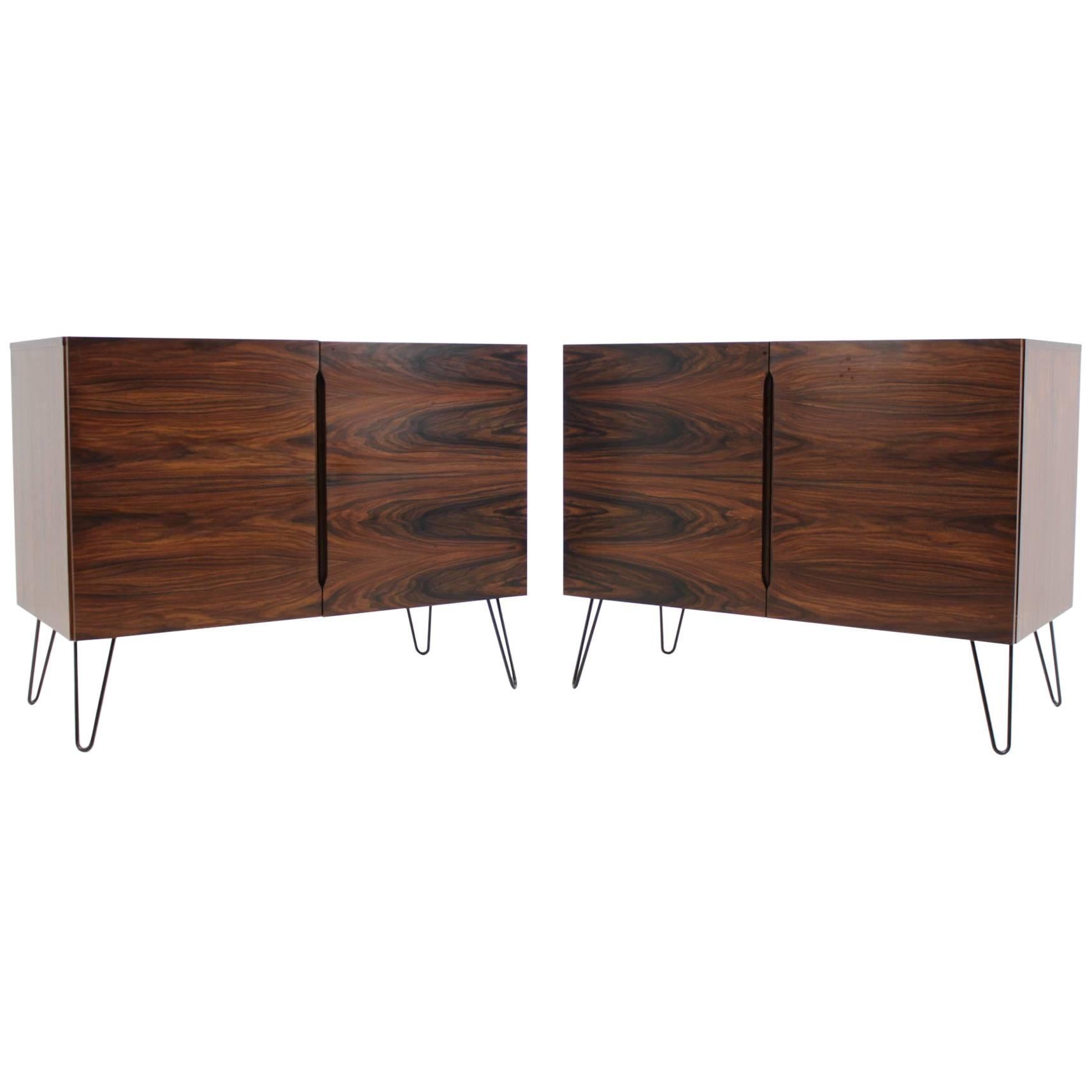 Set of Two Upcycled Palisander Sideboards on Hairpin Legs