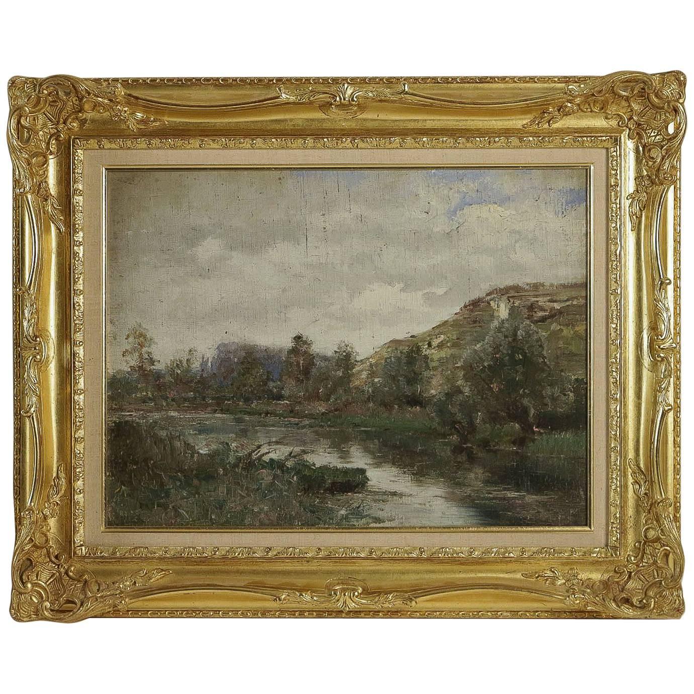 Barbizon School, River Landscape, Oil on Cardboard, Circa 1880-1890 For Sale