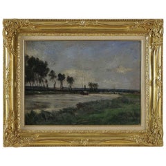Barbizon School, River and Boats Landscape, Oil on Cardboard, circa 1880-1890