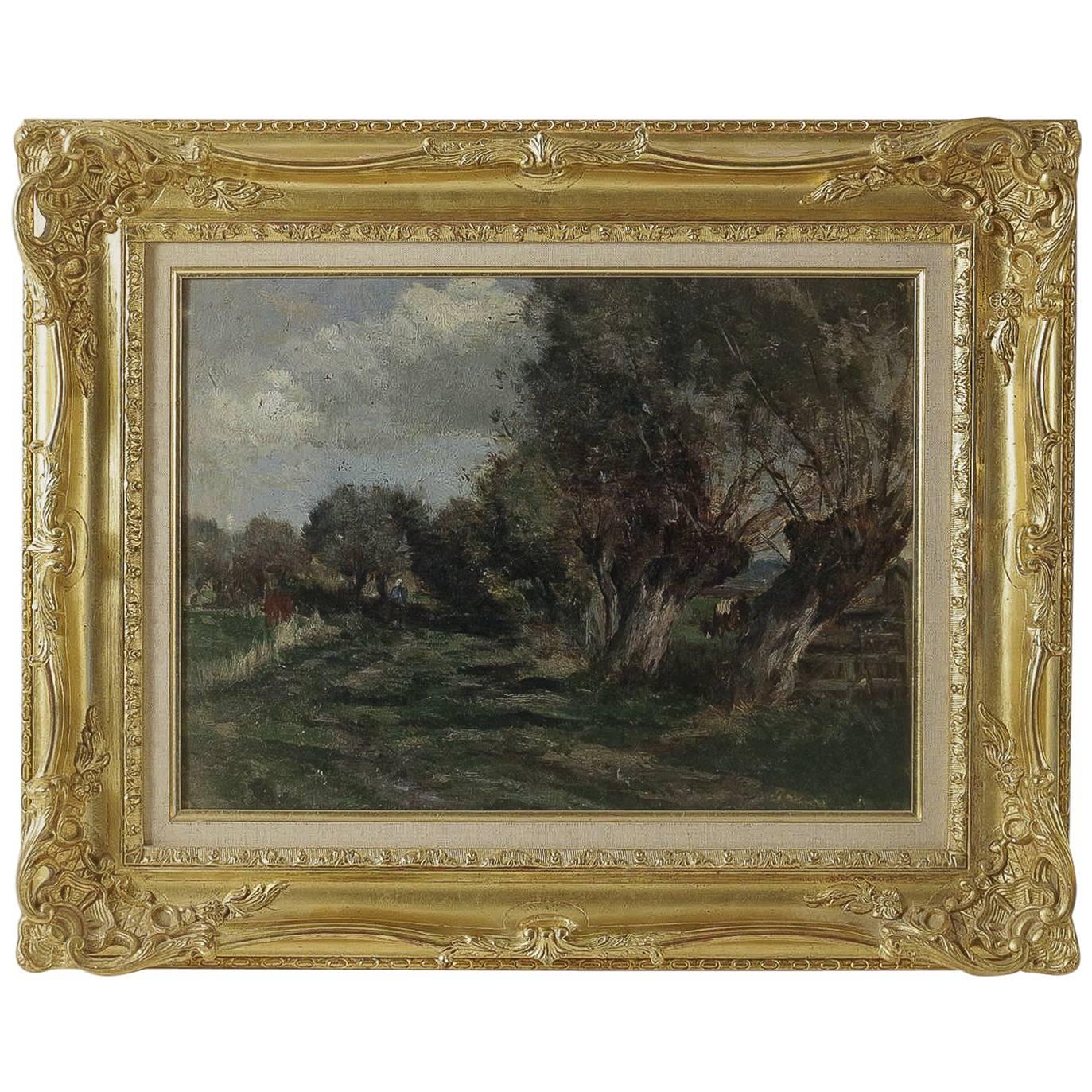 Barbizon School, a Farmer in Her Field, Oil on Cardboard, circa 1880-1890