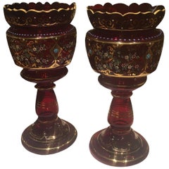 19th Century a Pair of Ruby Red Bohemian Mantle Lustres