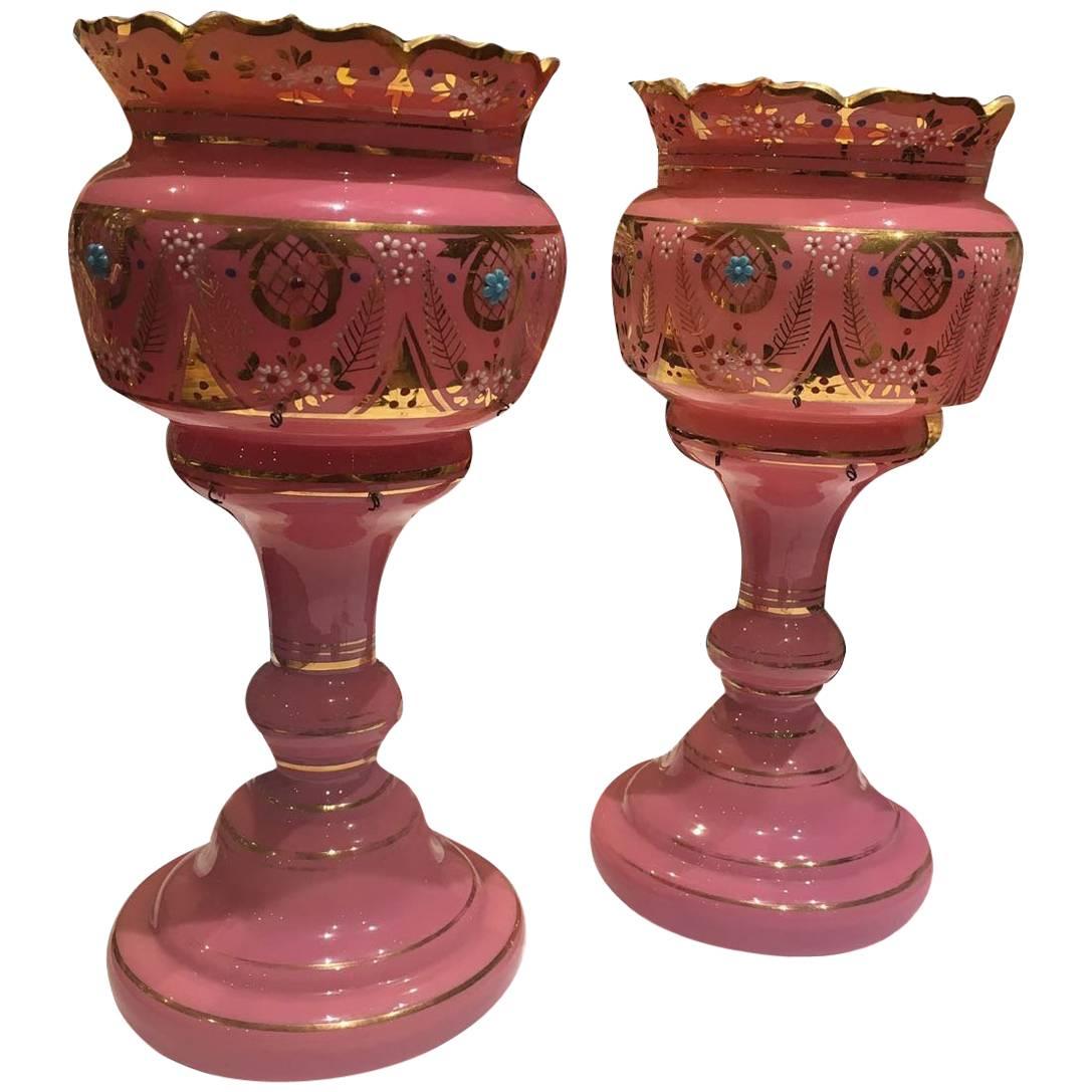 19th Century Pair of Bright Pink Mantle Lustres For Sale