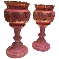 19th Century Pair of Bright Pink Mantle Lustres