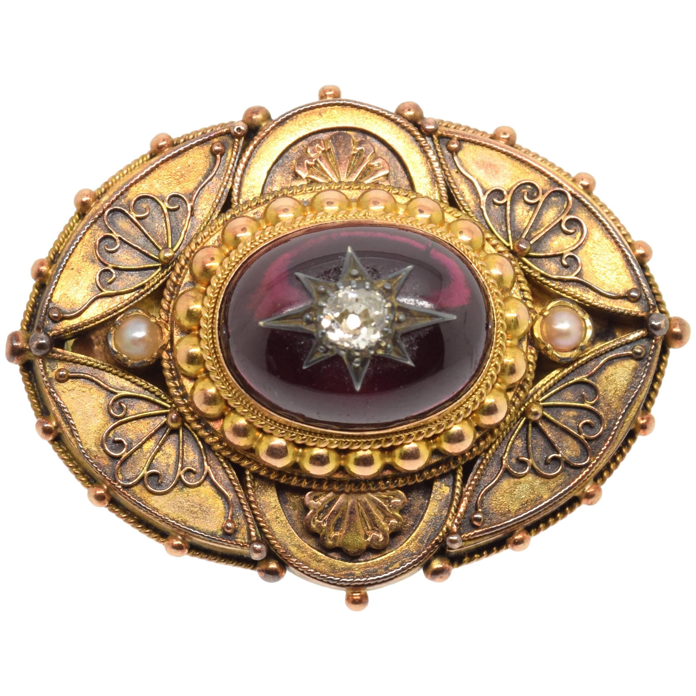 14-Karat-Goldbrosche mit Granat und Diamant, 19. Jahrhundert