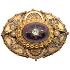 Broche en or 14 carats avec grenat et diamants, 19ème siècle