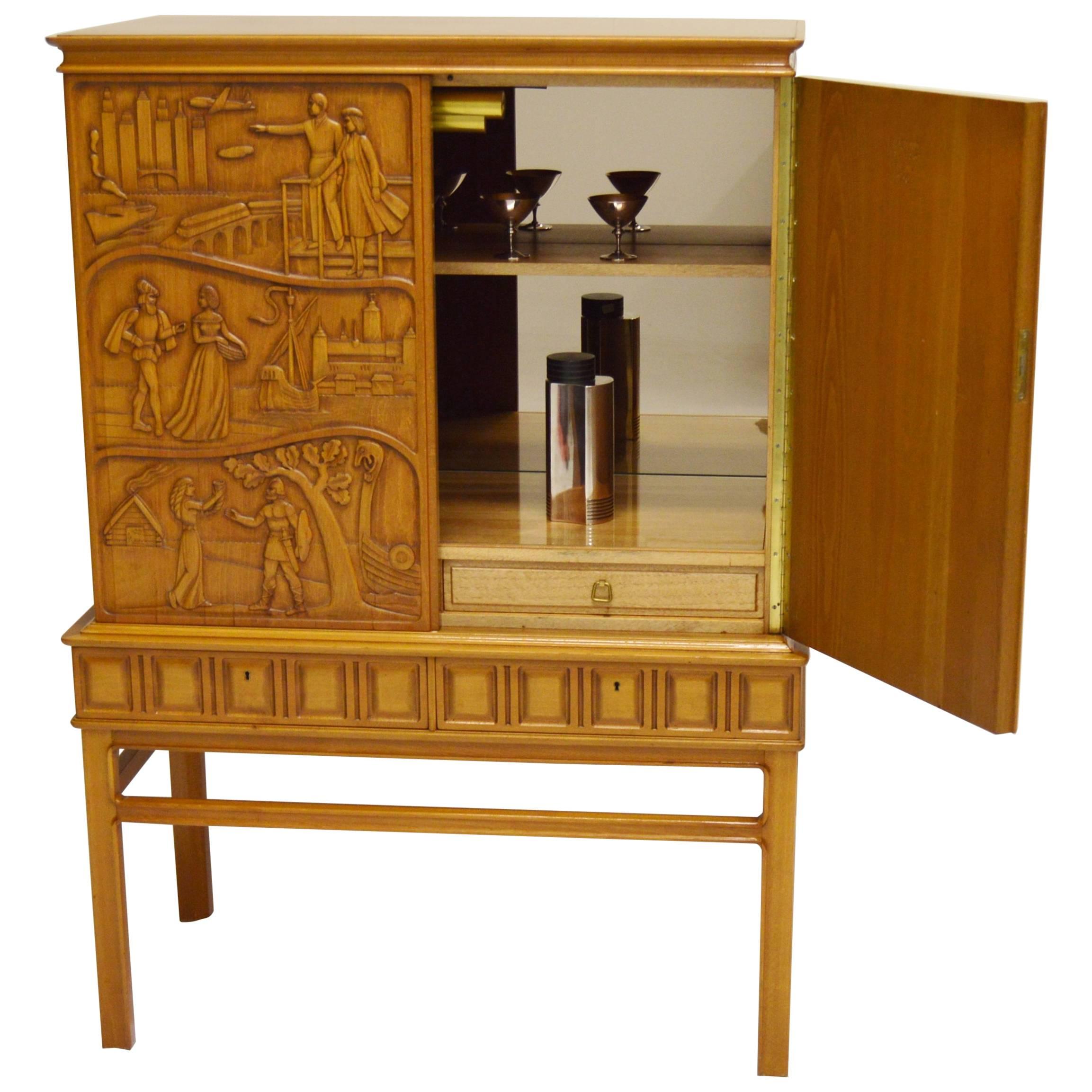 Carved Bar Cabinet with Mirror by Eugen Höglund Vetlanda For Sale