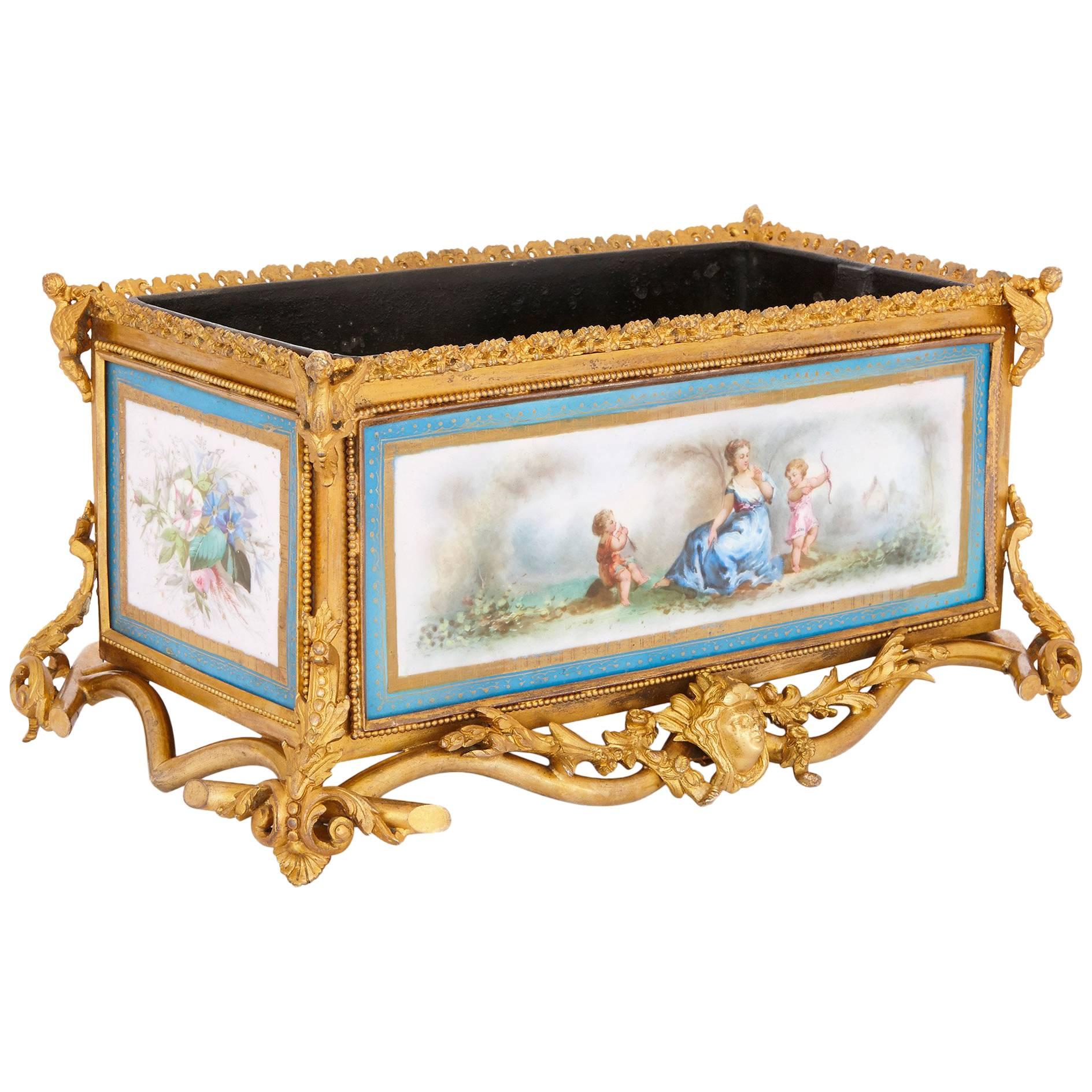French Antique Sevres Style Porcelain and Gilt Bronze Jardiniere 