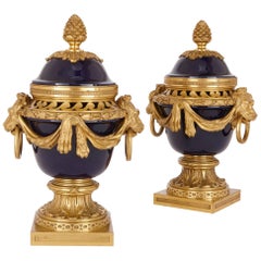 Pair of Cobalt Blue Porcelain Urns by Raingo Freres