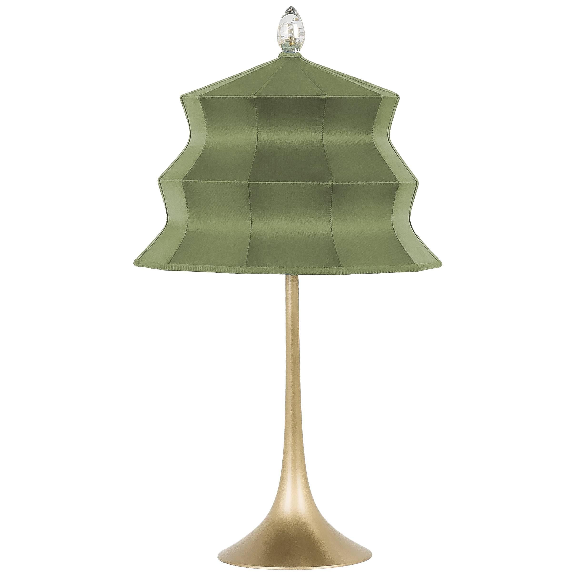  “Pagoda” Table Lamp, in brass  and Jade Gold Silk, Silver Crystal Tip, Handmade