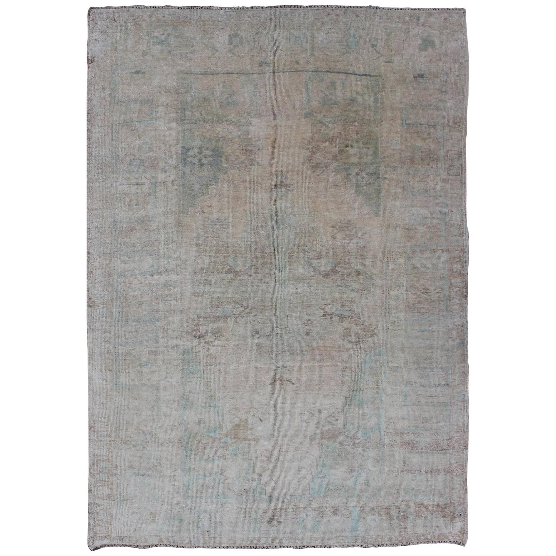 Pale Color Vintage Turkish Oushak Rug With Layered Medallion in Teal, Taupe