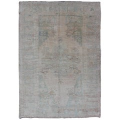 Pale Color Vintage Turkish Oushak Rug With Layered Medallion in Teal, Taupe