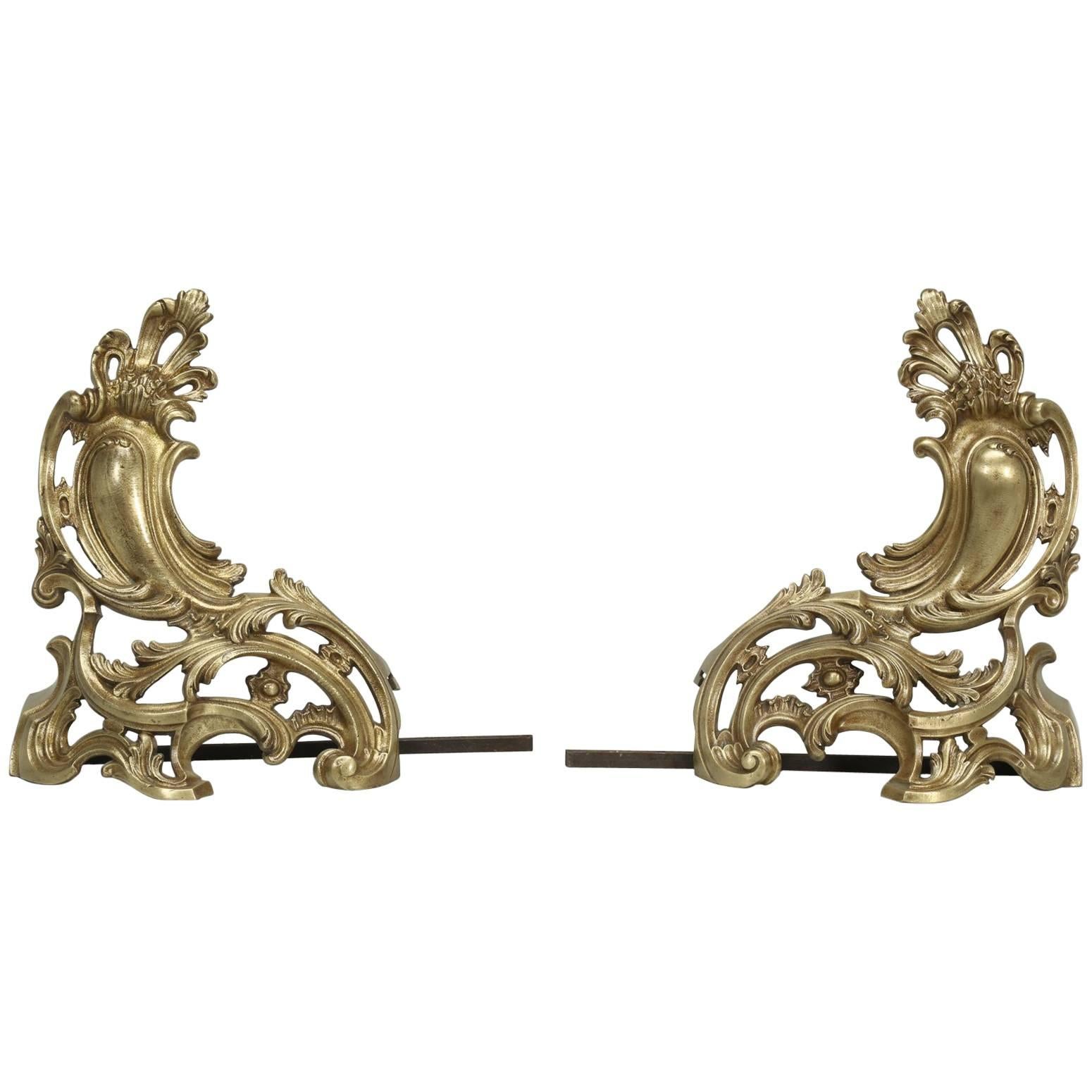 Antique French Solid Bronze Andirons or Chenets in a Rococo Style 