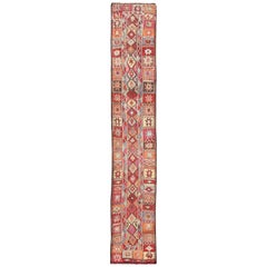 Multicolored Midcentury Turkish Kurdish Oushak Runner with Diamonds and Stars