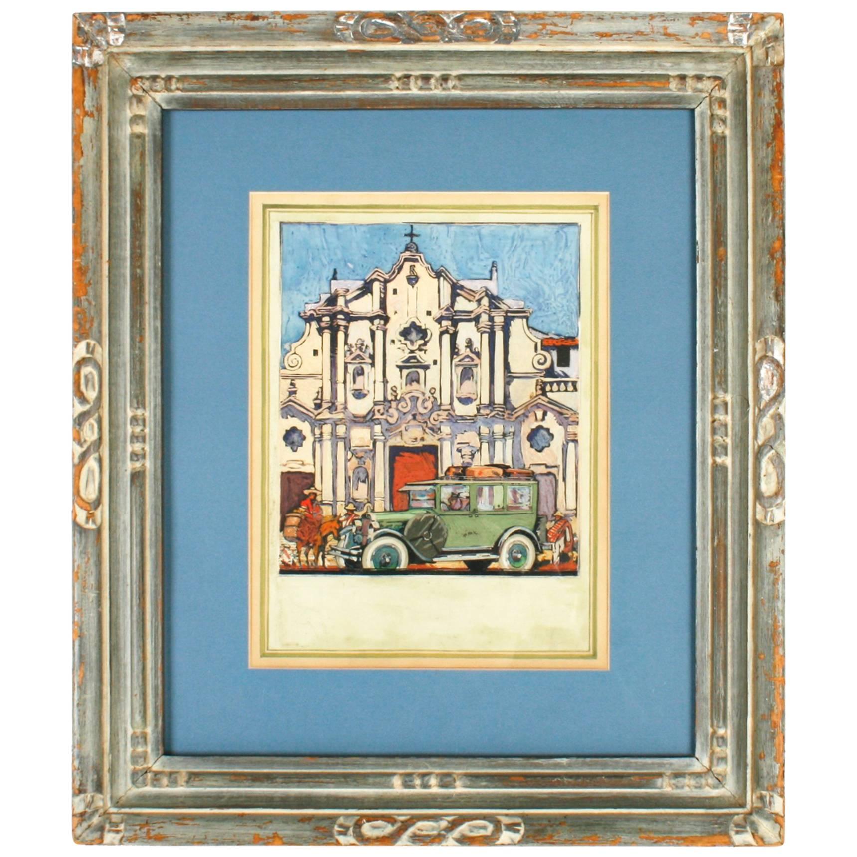 Gouache Painting of a Cuban Cathedral, Early 20th C, From Ford Times Collection For Sale