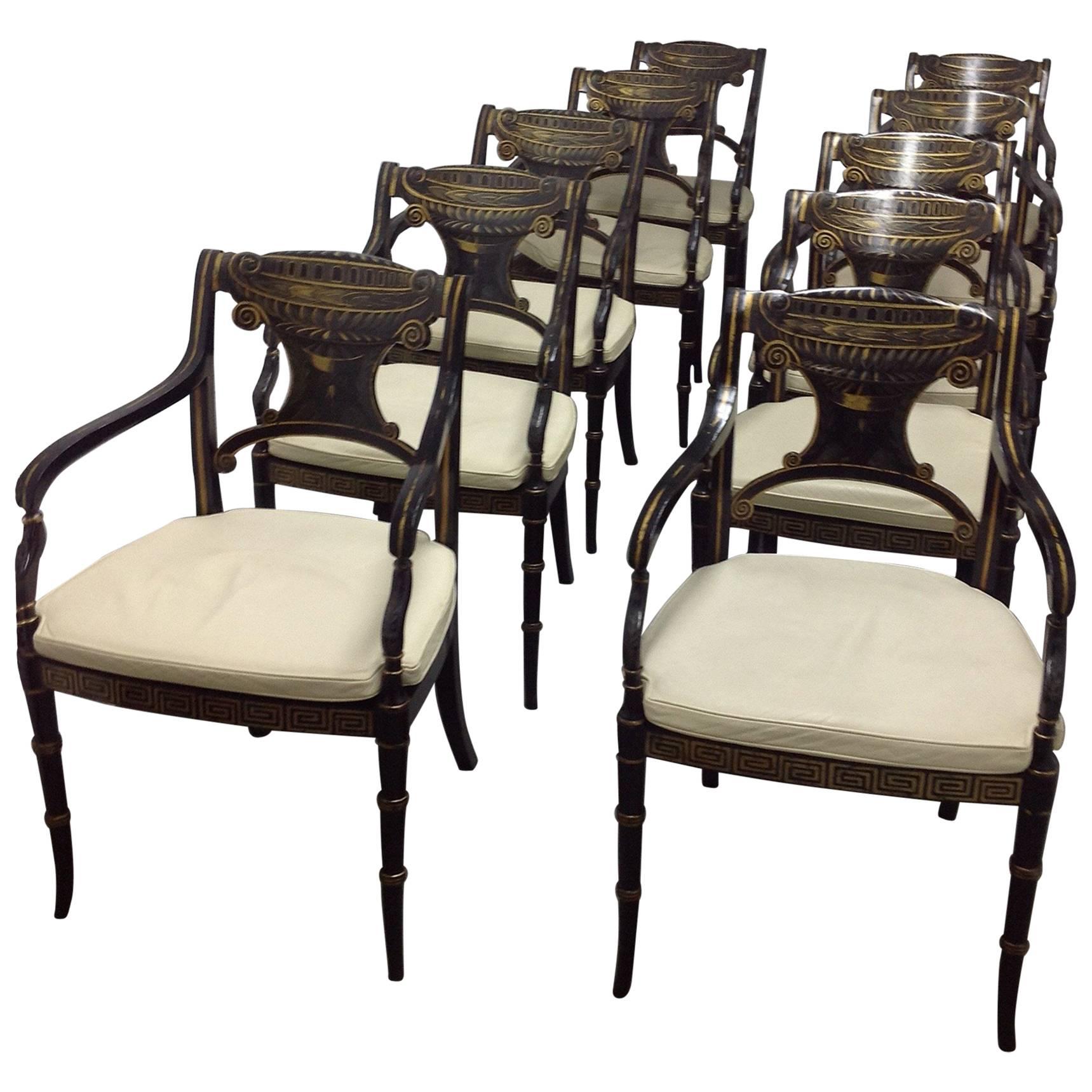Set of Ten Regency Style Parcel-Gilt Black Painted Caned Armchairs