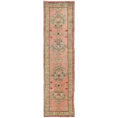 Salmon Pink Antique Turkish Oushak Runner with Stylized Floral Medallion Design