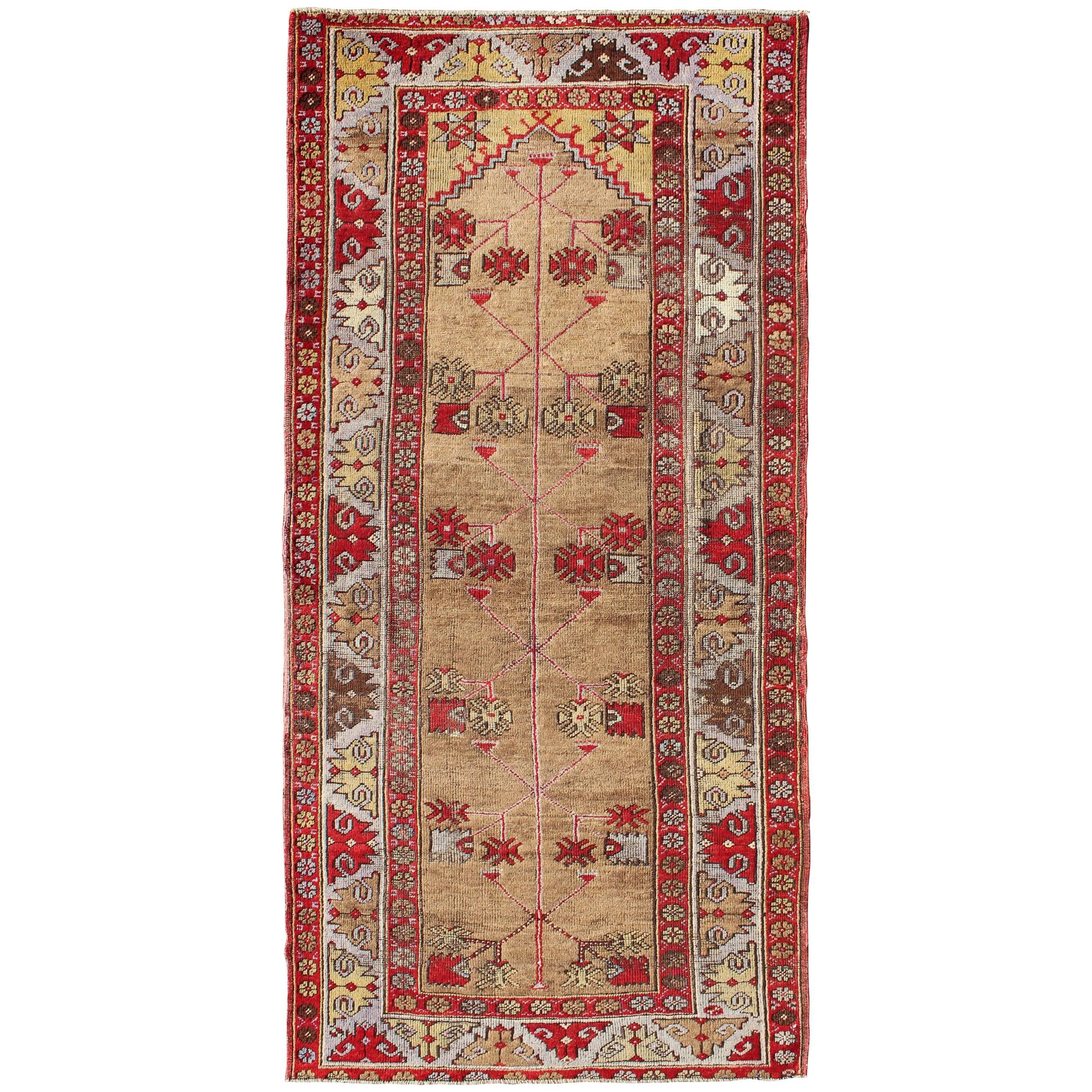 Antique Turkish Oushak Runner in Camel Background, Red & Gray For Sale