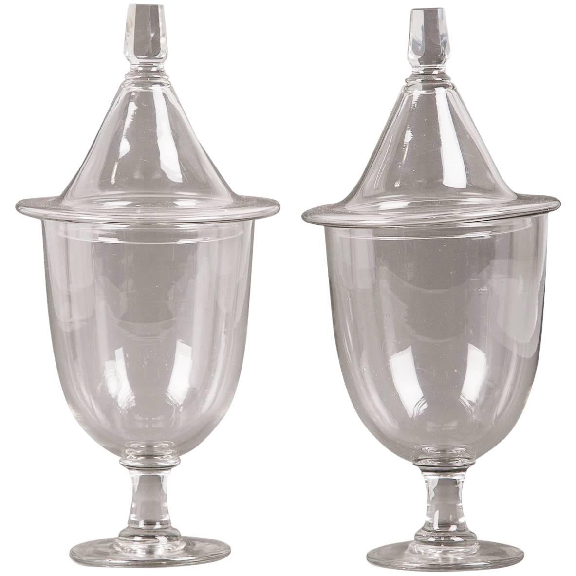Pair of Antique English Regency Style Glass Urns with Lids, circa 1875