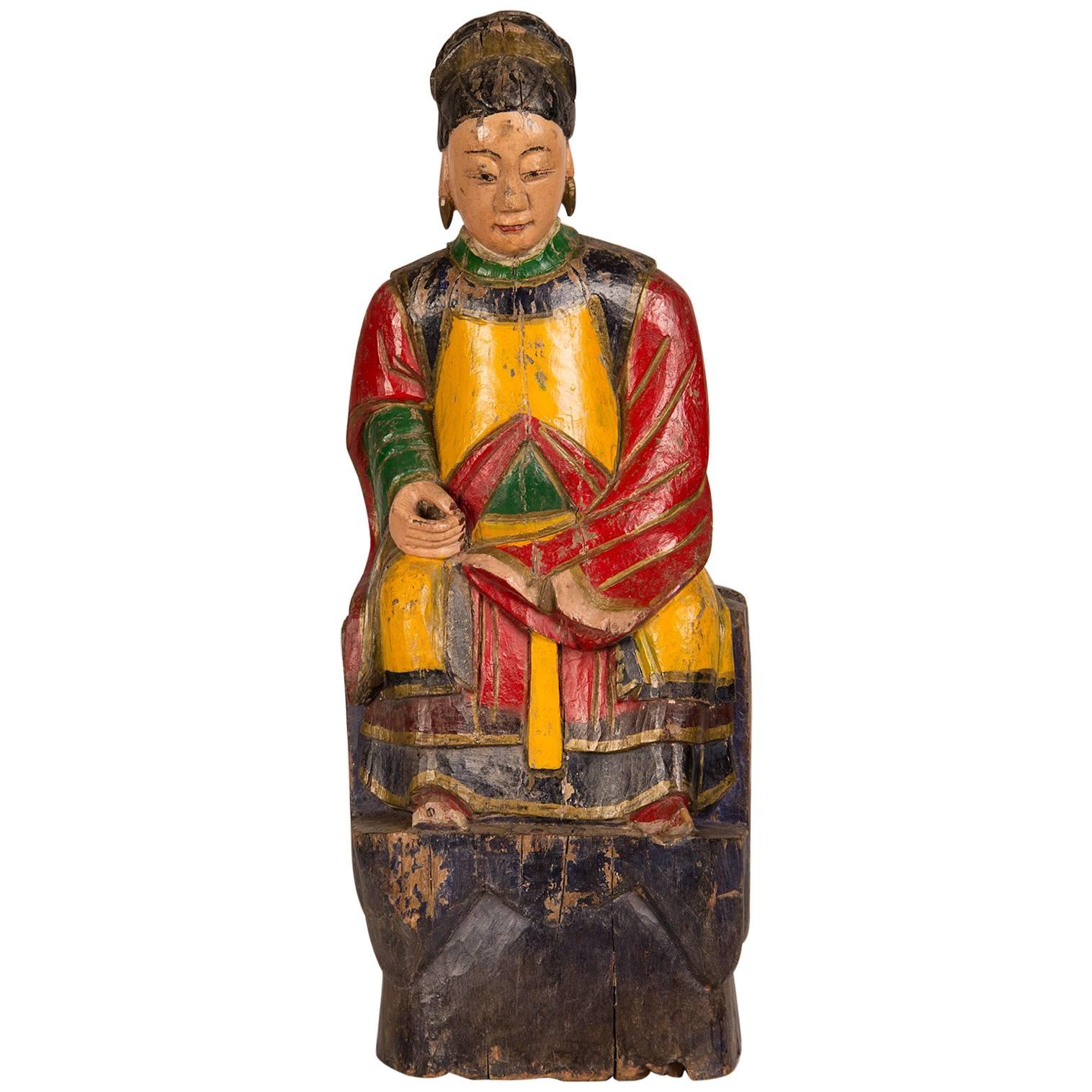 Large Antique Chinese Hand-Carved and Painted Female Temple Figure, circa 1865