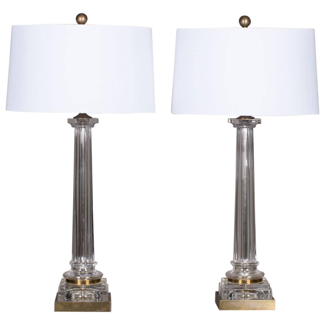 Pair of Vintage French Brass Glass Column Lamps, circa 1940