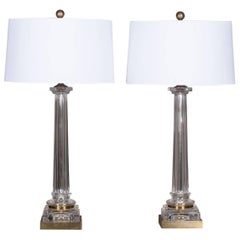 Pair of Vintage French Brass Glass Column Lamps, circa 1940