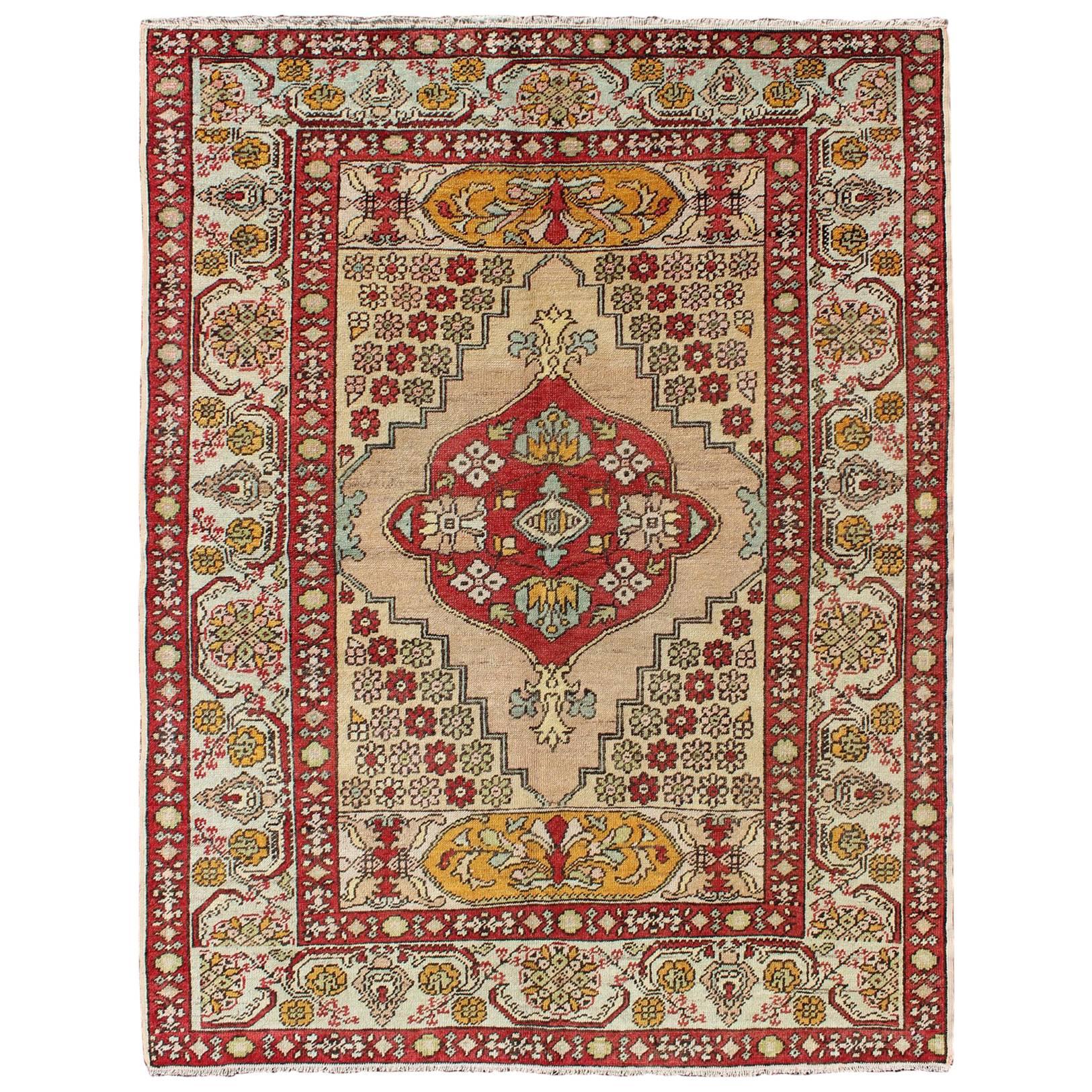 Sub-Geometric Antique Turkish Oushak Rug in Red, Gold , Green and Cream