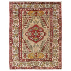 Sub-Geometric Antique Turkish Oushak Rug in Red, Gold , Green and Cream