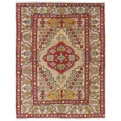 Sub-Geometric Vintage Turkish Oushak Rug in Red, Gold , Green and Cream