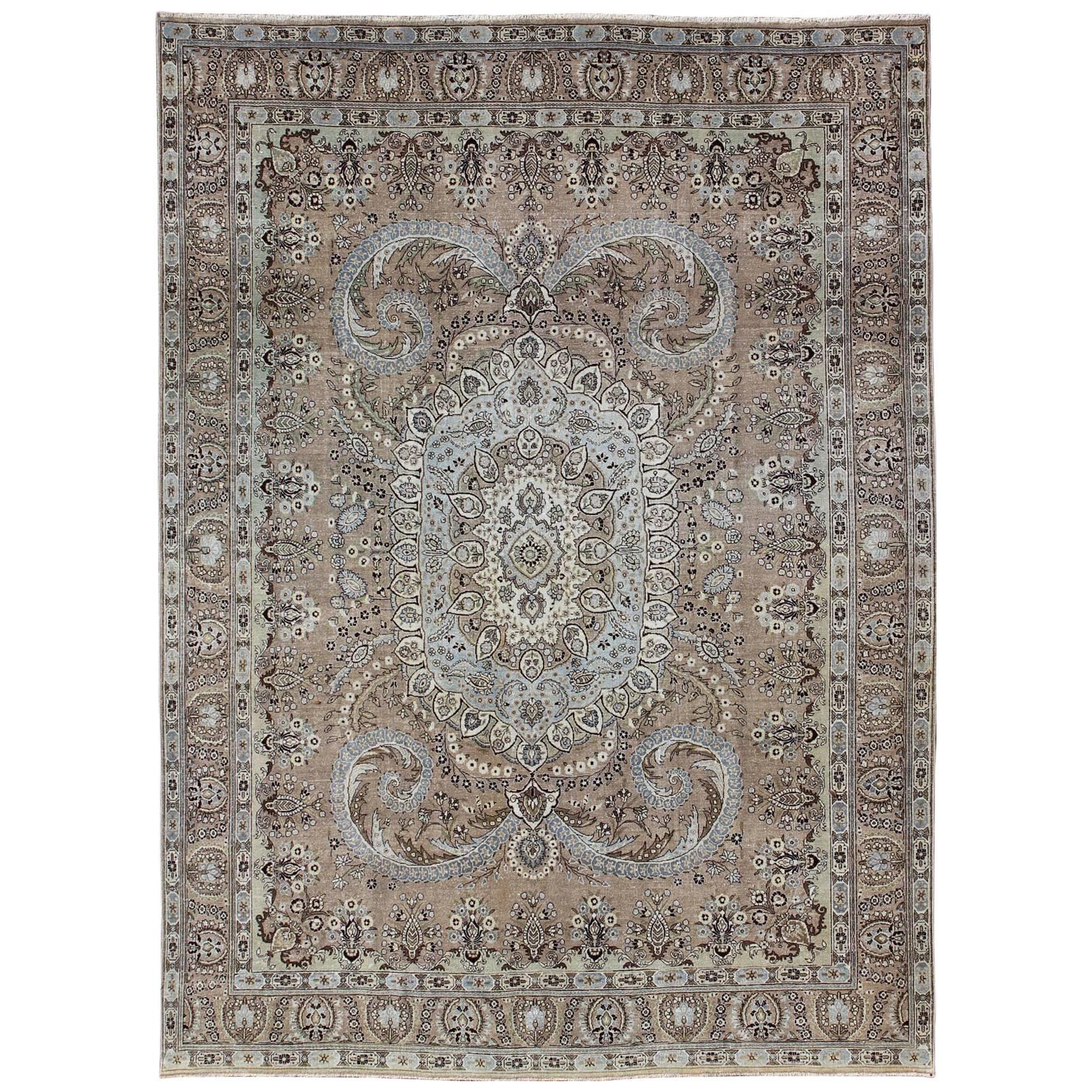 Vintage Persian Bakhtiari Rug with Stretched Medallion in Taupe, Gray and Brown For Sale