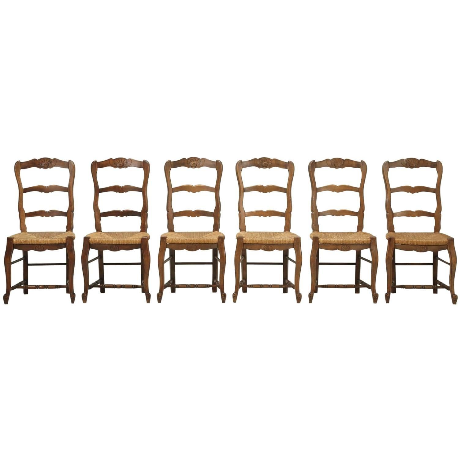 Country French Ladderback Dining Chairs with Rush Seats, Set of Six