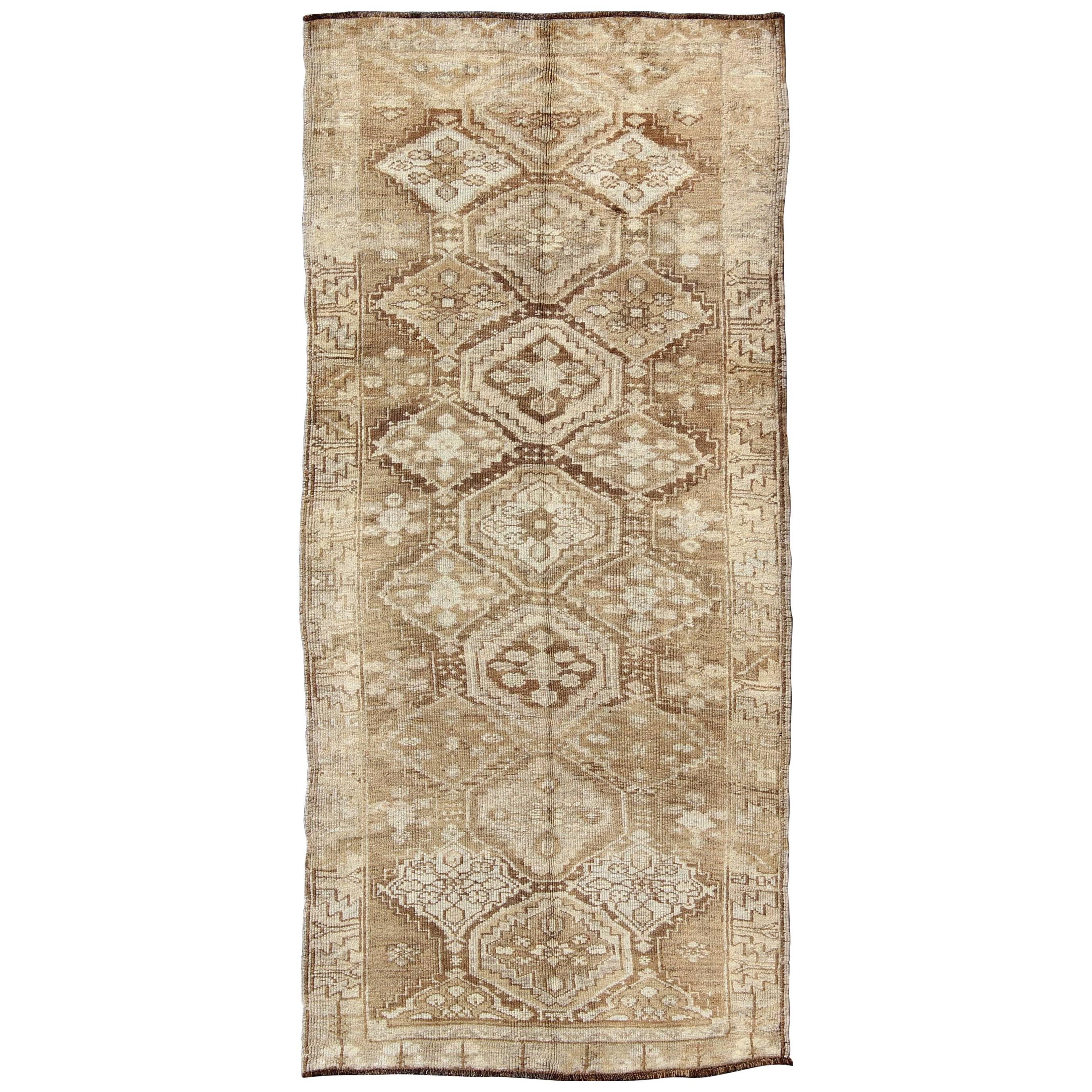 Cream and Tan Brown Vintage Turkish Oushak Runner with All-Over Diamond Design