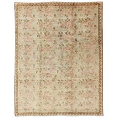 Vining Rose Blossoms Vintage Turkish Oushak Rug in Cream, Light Pink, Olive