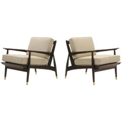 Pair of Danish Modern Lounge Chairs, Walnut Wood Frames, New Neutral Upholstery