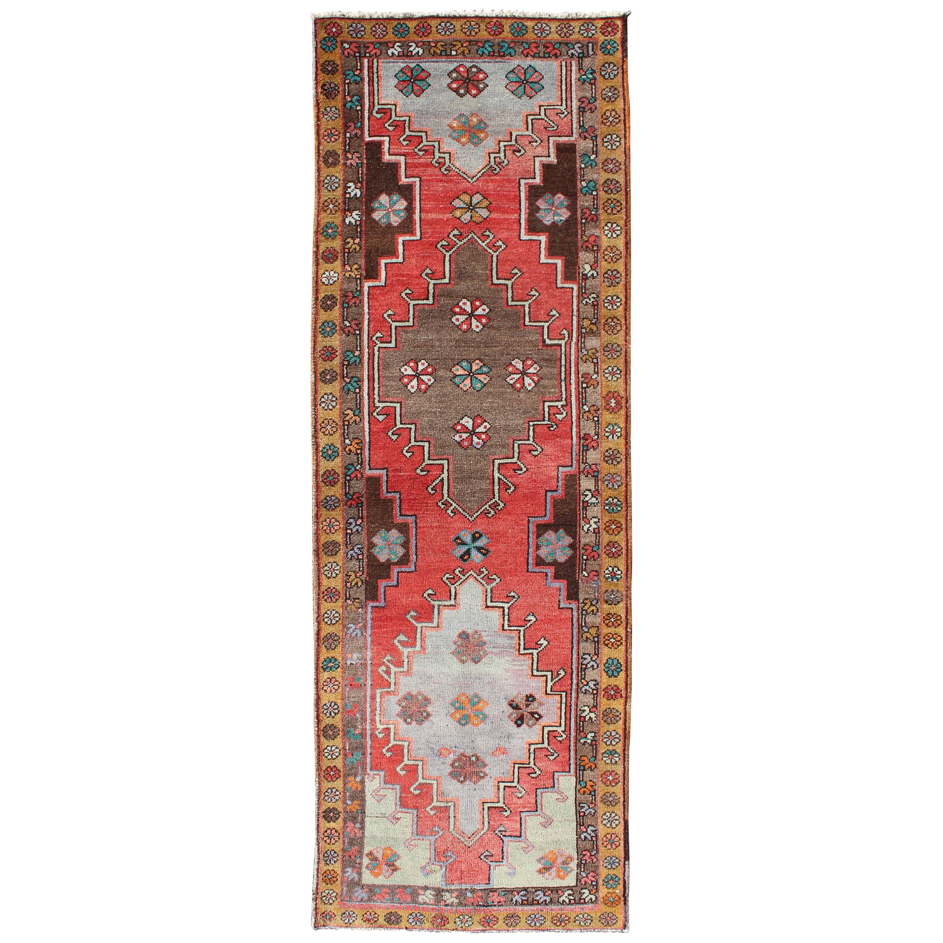 Vintage Turkish Oushak Runner with Sub-Geometric Tribal Medallions in Brown, Red