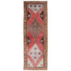 Vintage Turkish Oushak Runner with Sub-Geometric Tribal Medallions in Brown, Red