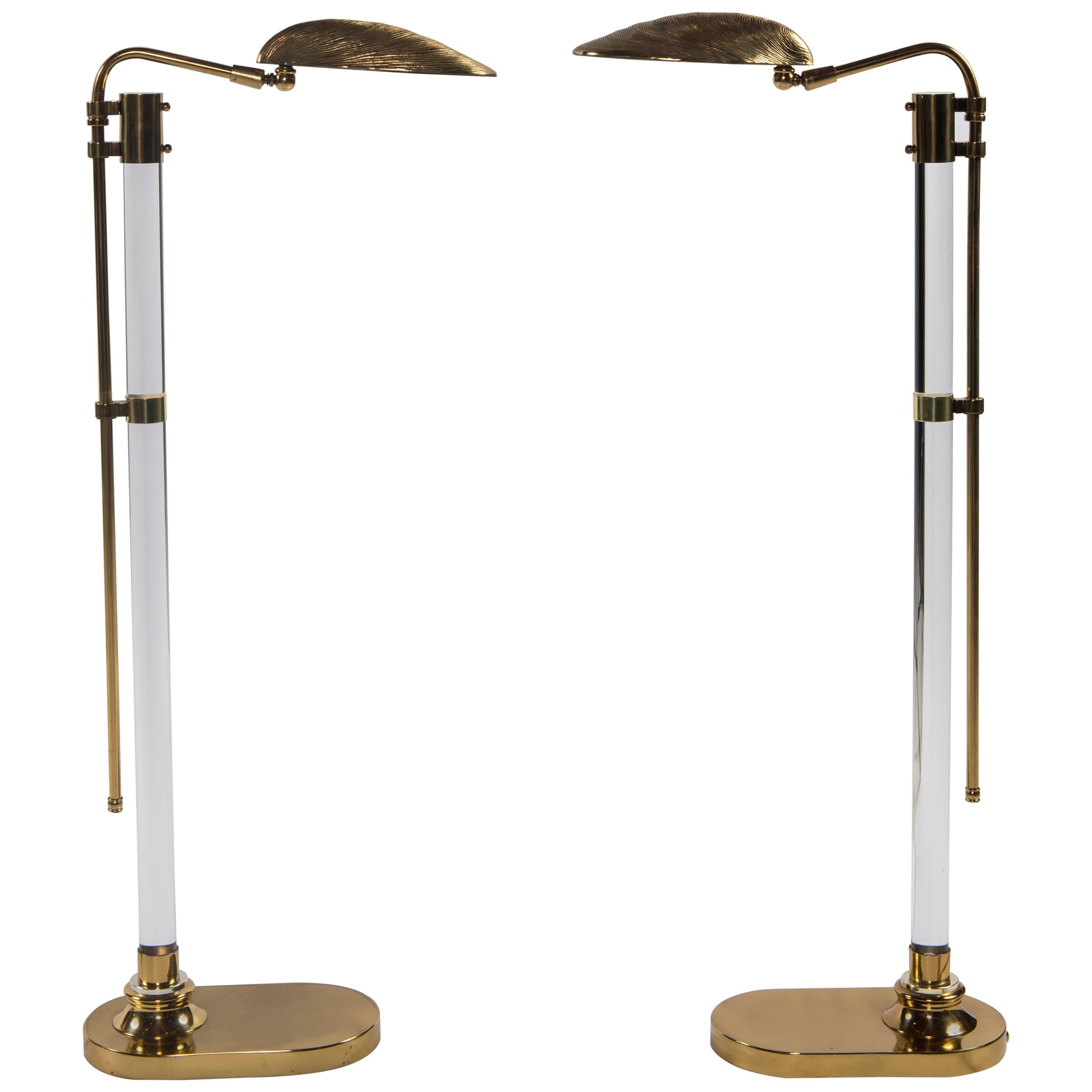 Pair of Lucite Brass Clam Shell Floor Lamps