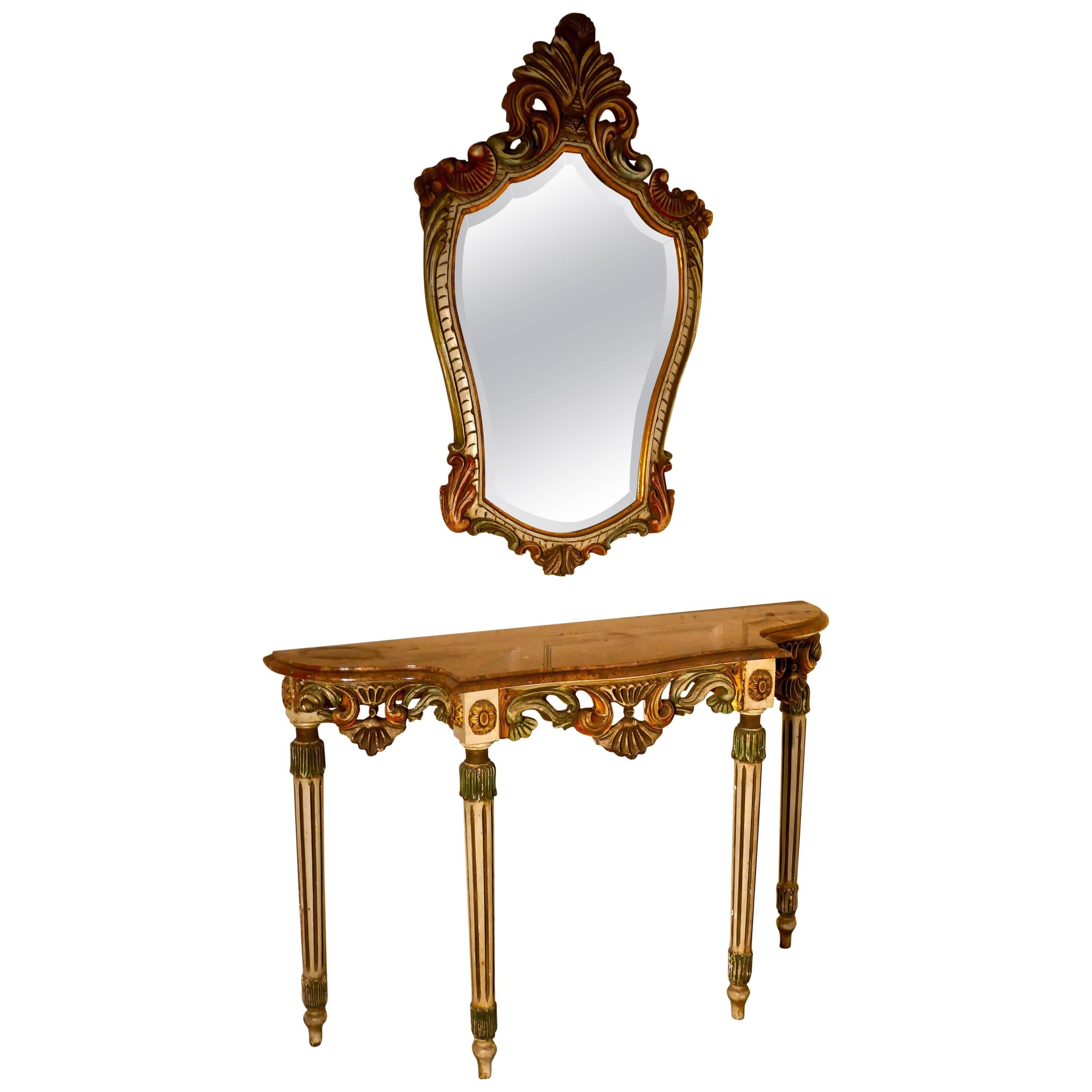 Carved and Painted French Louis Style Console or Hall Table with Matching Mirror