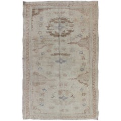 Brown and Grey Vintage Turkish Oushak Rug with Three Floral Medallions