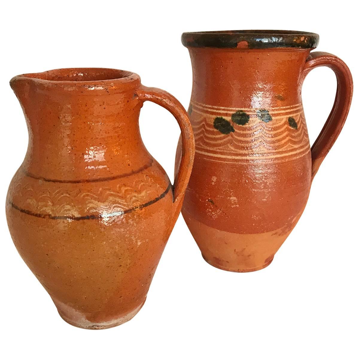 Transylvania Vintage Pottery Pitchers, Hand-Painted Redware Folk Art, Romania For Sale