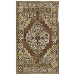 Mocha Brown, Chartreuse Vintage Turkish Oushak Rug with Ornate Floral Medallion