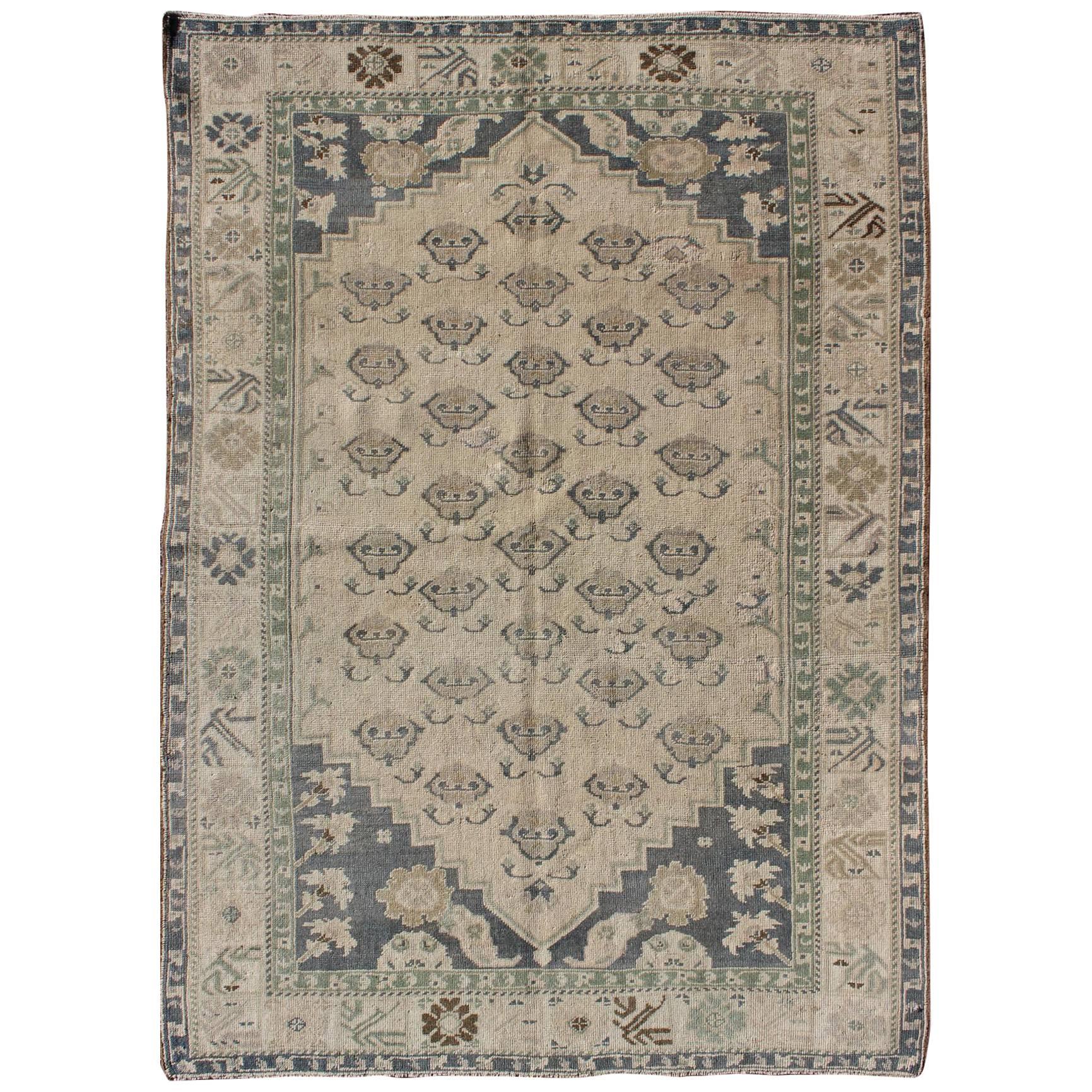 All-Over Blossom Design Vintage Turkish Oushak Rug in Taupe and Greyish Blue