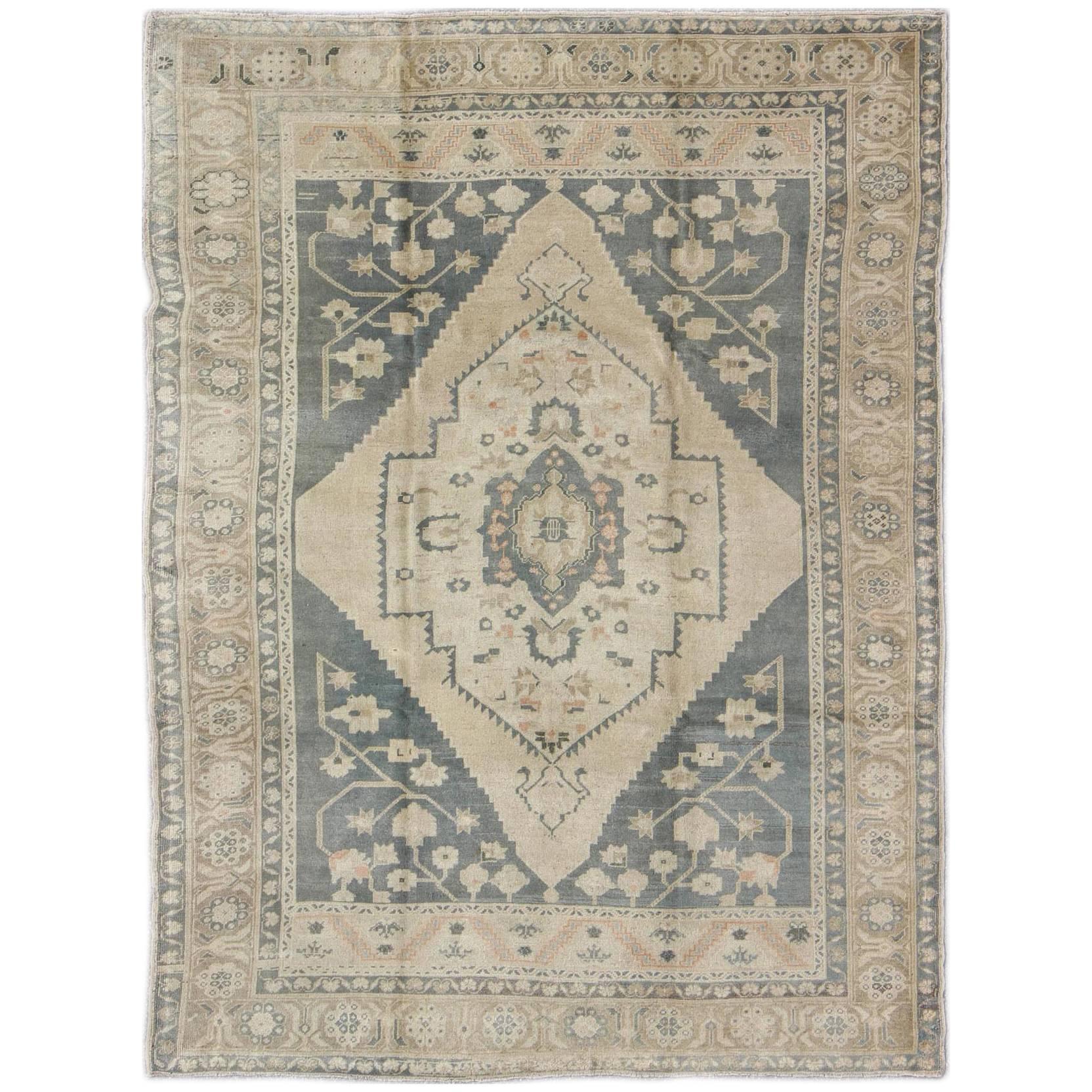 Vintage Turkish Oushak Rug with Floral Motifs, MultiLayered Medallion