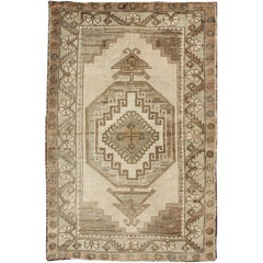 Camel, Taupe, and Cream Vintage Turkish Oushak Rug with Tribal Medallion Design