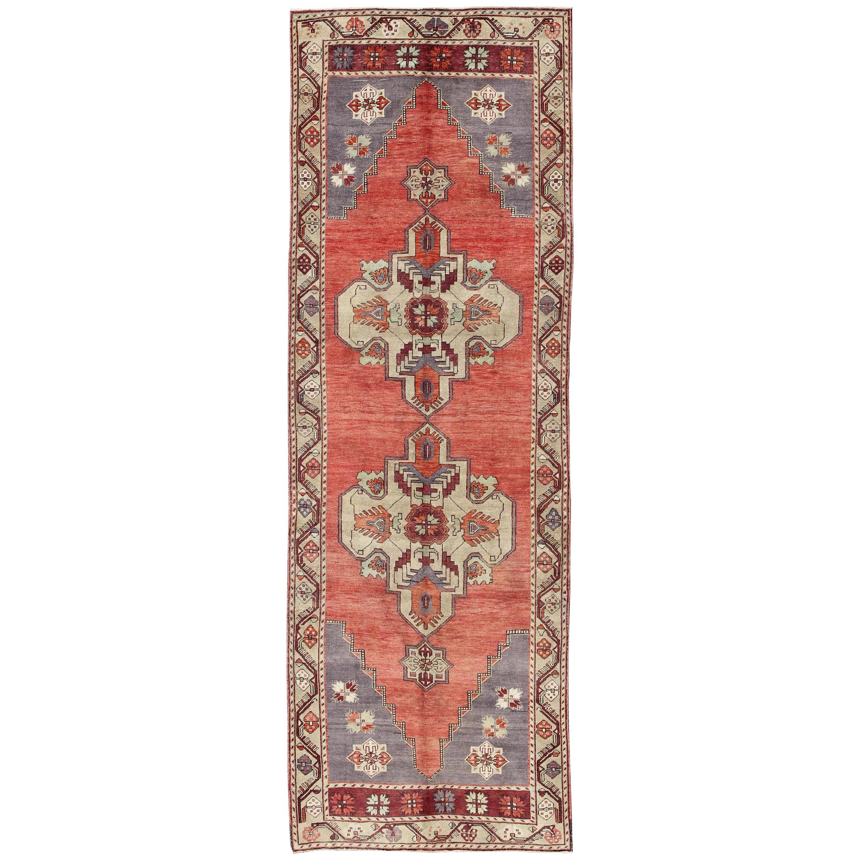 Vintage Turkish Oushak Gallery runner medallions in Light Green, Coral red, gray For Sale