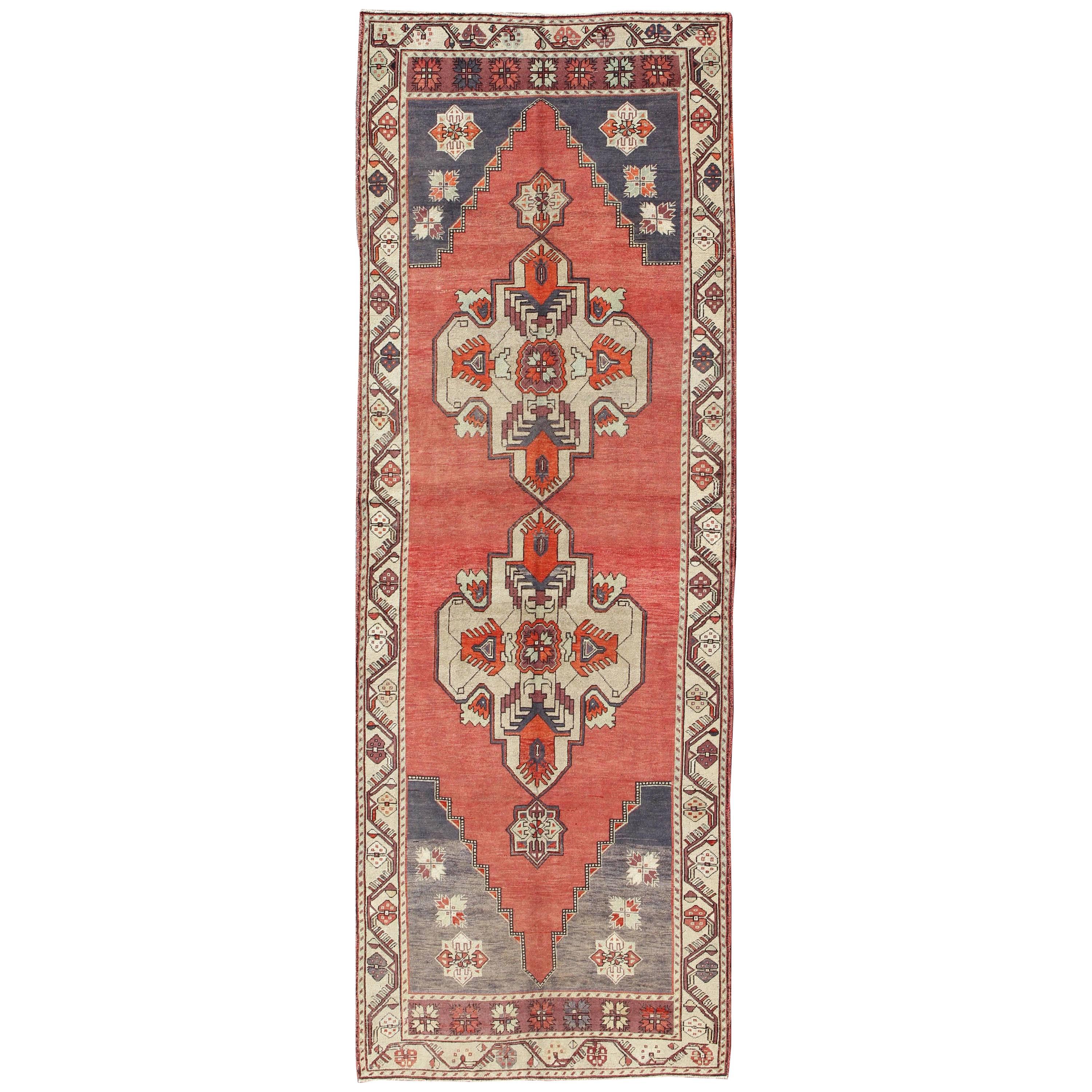 Vintage Turkish Oushak Gallery runner medallions in Light Green, coral red, gray For Sale