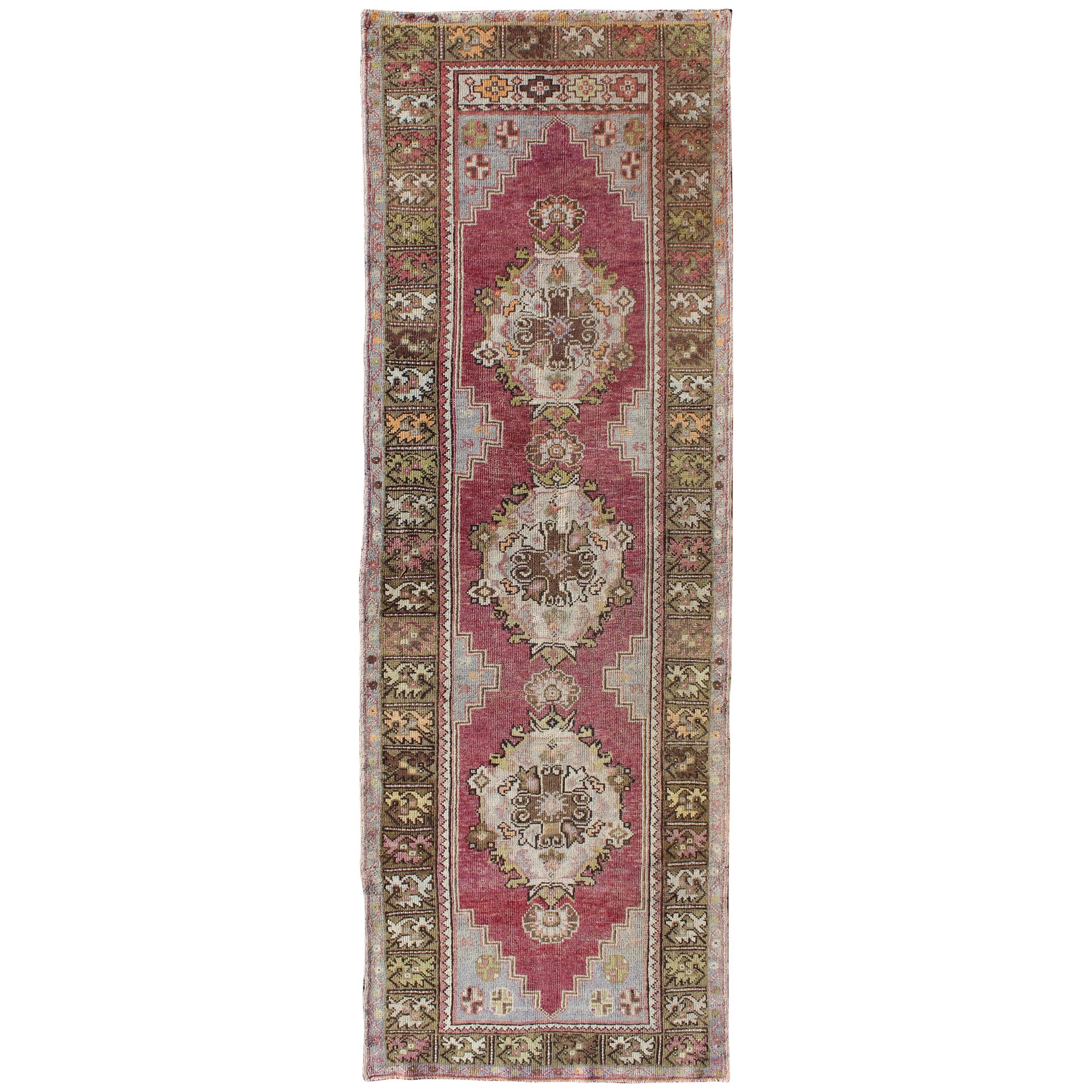 Berry Tri-Medallion Vintage Turkey Oushak Runner with Gray, Camel, Blush Accents For Sale