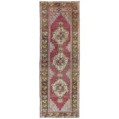 Berry Tri-Medallion Vintage Turkey Oushak Runner with Gray, Camel, Blush Accents