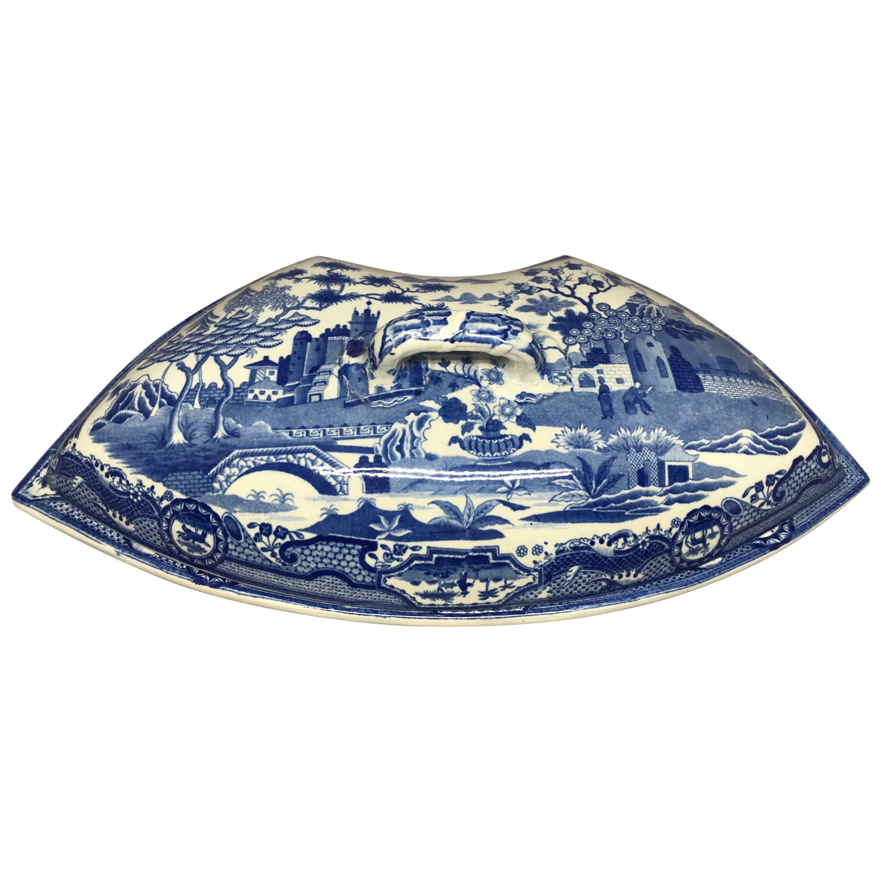  Blue and White Spode Chinoiserie Crescent Covered Dish